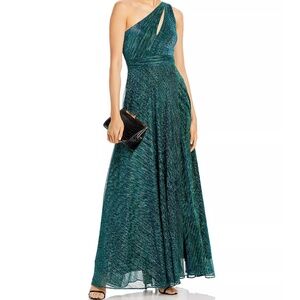 Aqua one shoulder metallic gown